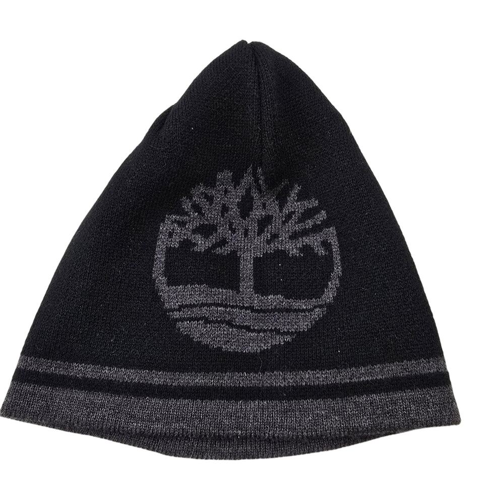 Timberland Black Knit Beanie Hat One Size Logo Winter Outdoor